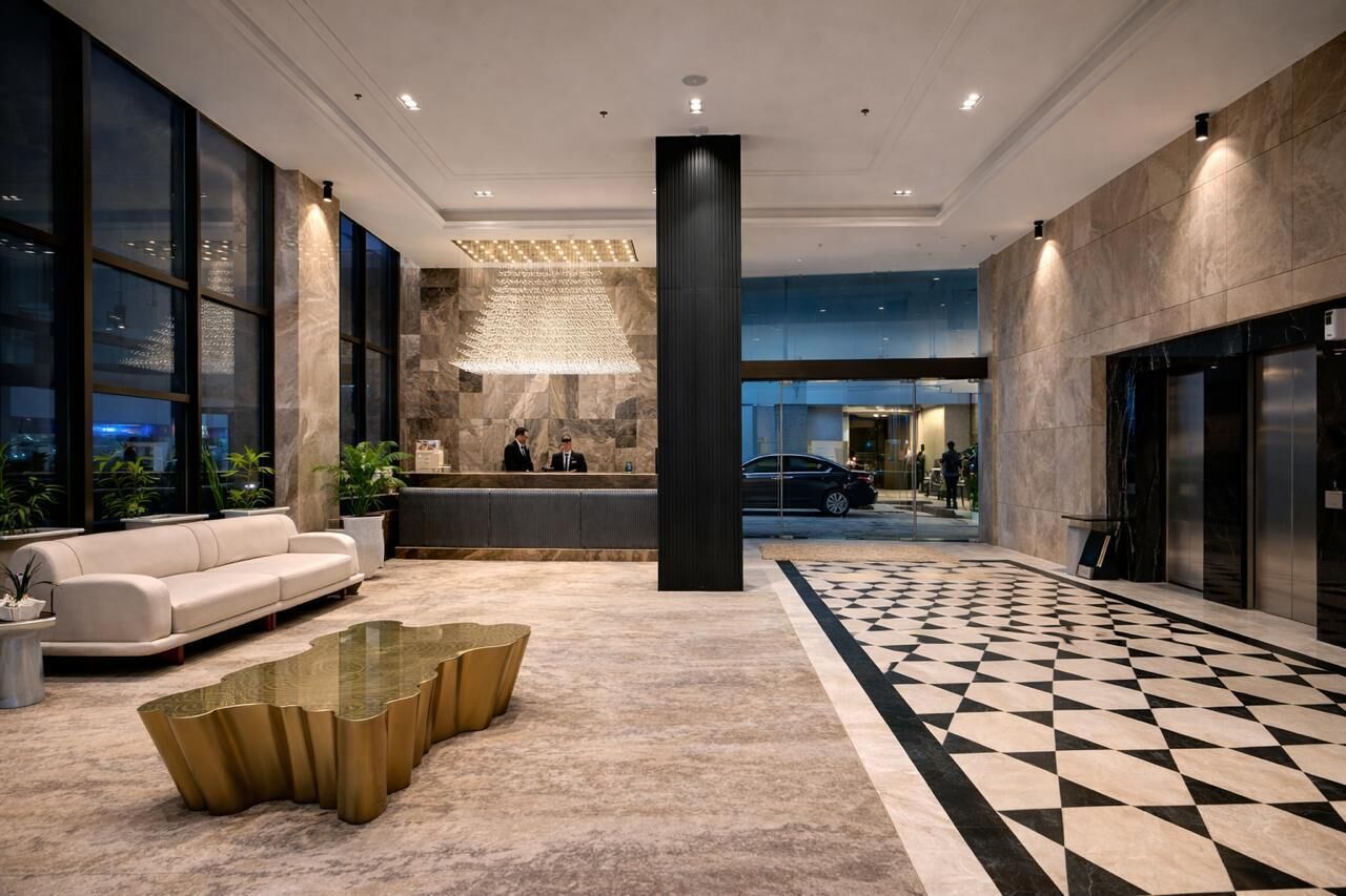 A modern lobby with a reception desk, a check-in counter, a seating area with a sofa and coffee table, and a checkered floor pattern.