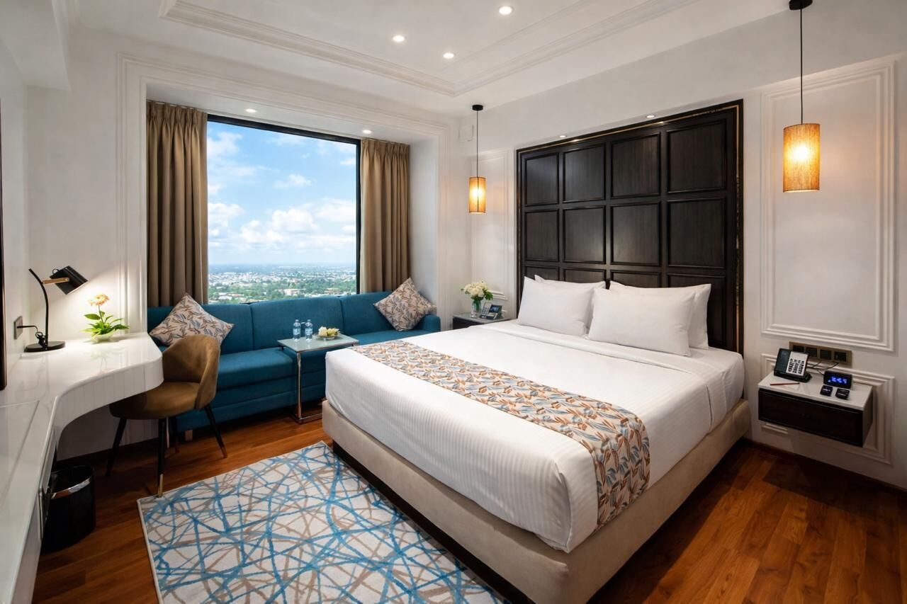 A hotel room with a large bed, a sofa, a desk, and a view of the city.