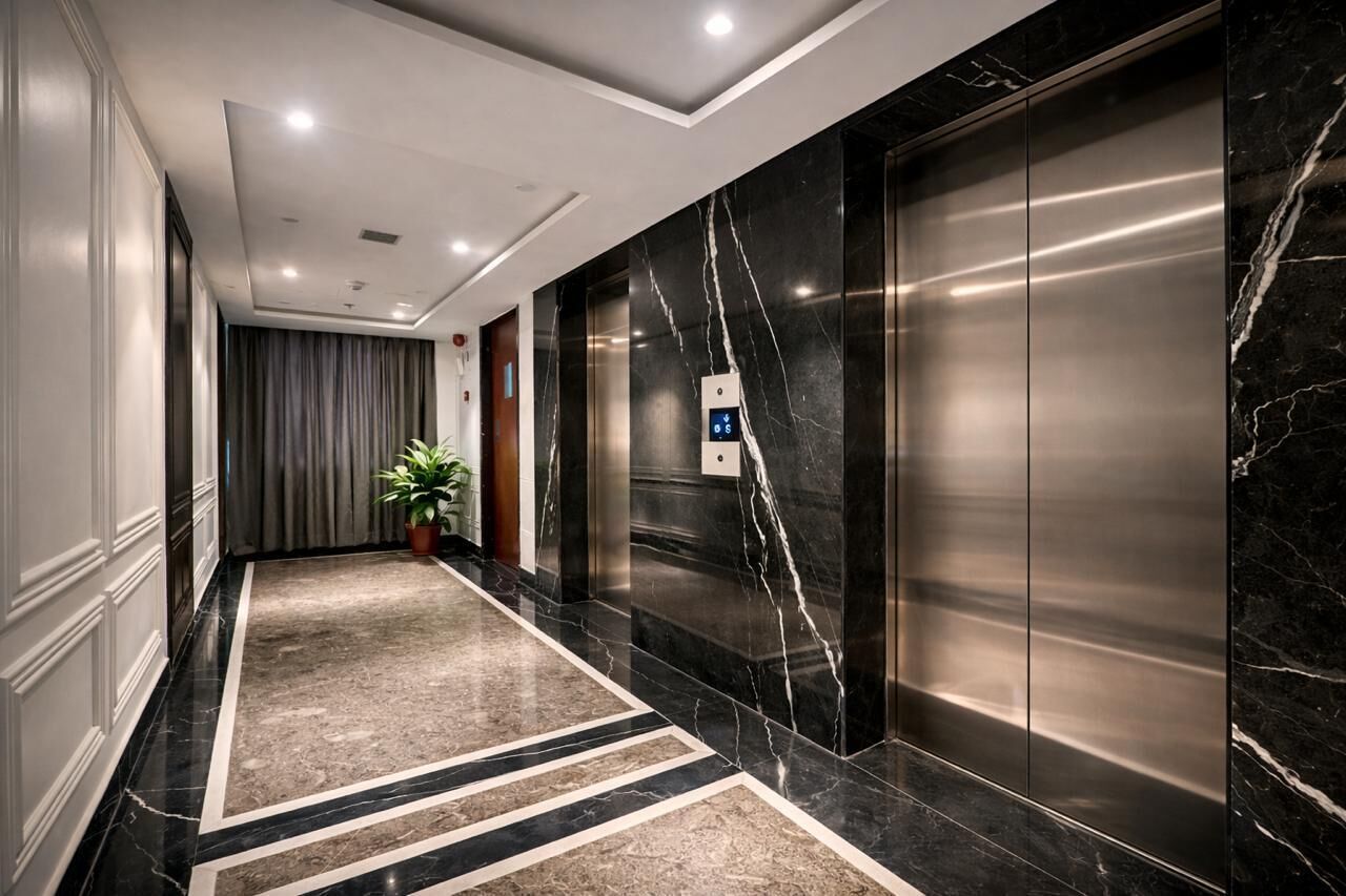 Een moderne lift met marmeren wanden en een zwarte marmeren vloer.