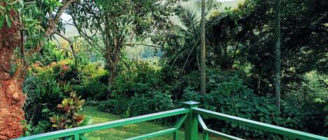 A green metal railing leading to a paved area surrounded by lush greenery and trees.