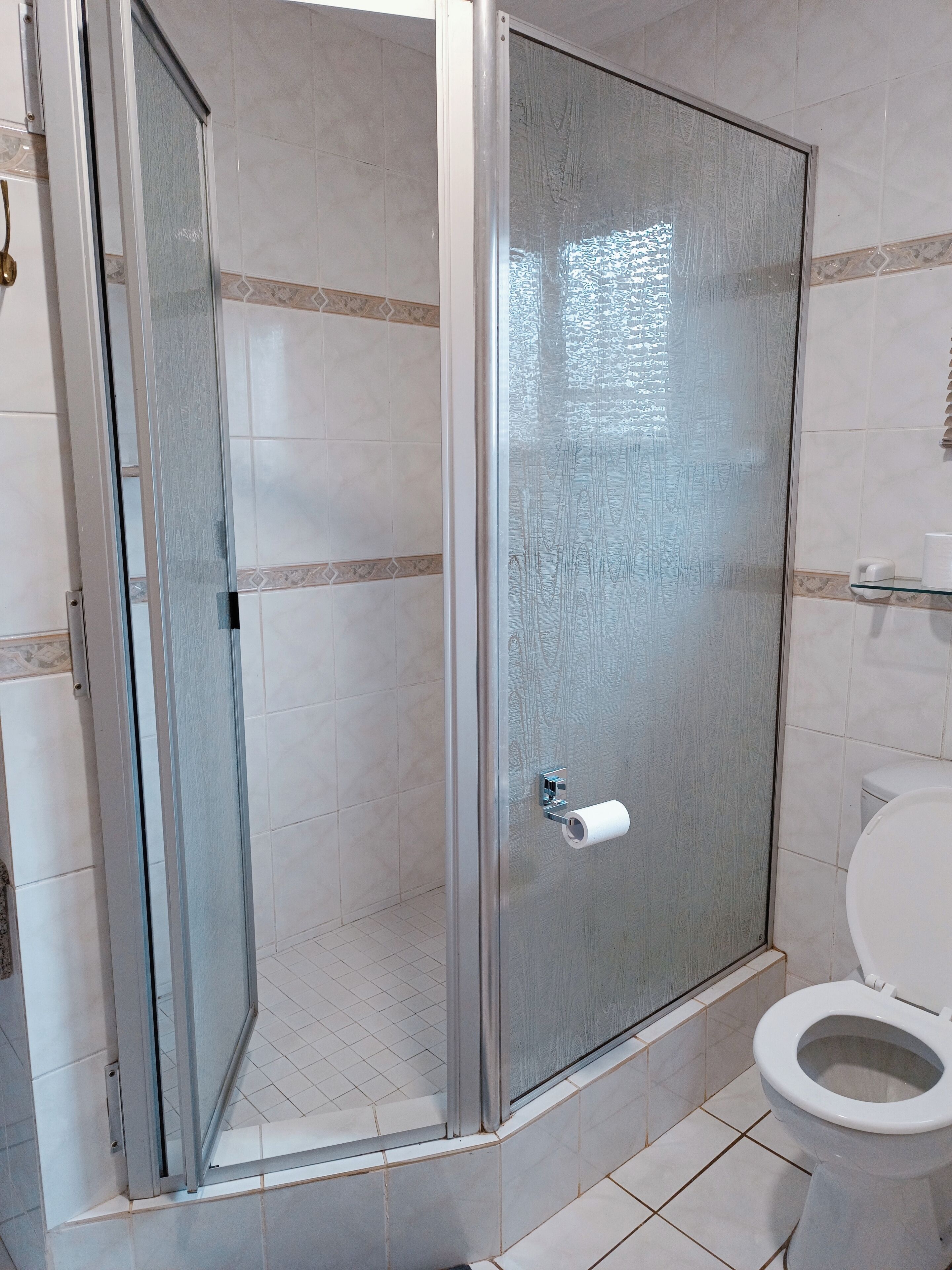 A bathroom with a glass-enclosed shower, a toilet, and a toilet paper holder.