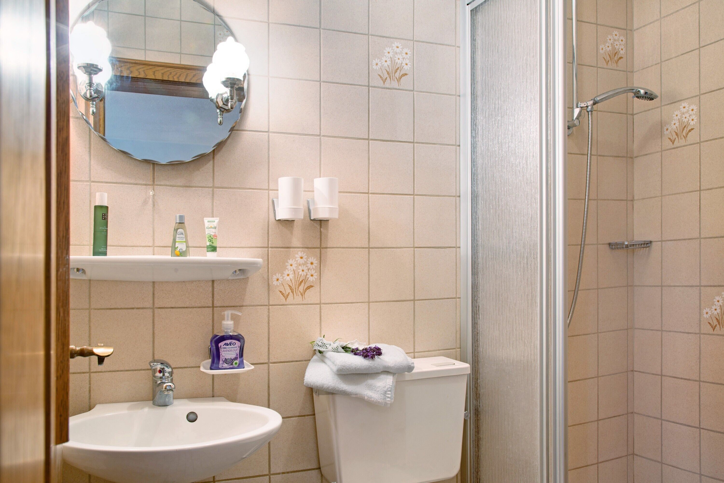 Une salle de bain équipée d’un lavabo, d’un miroir, de toilettes et d’une douche.