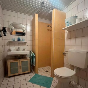 Shower, hair dryer, towels - Apartment '2001' with Private Terrace, Garden and Wi-Fi (Wesselburenerkoog)