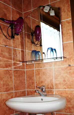 A bathroom with a sink, a mirror, and two hair dryers mounted on the wall.