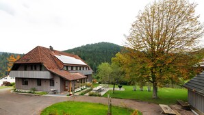 A two-story house with a sloped roof, a small patio with outdoor furniture, and a well-maintained lawn.