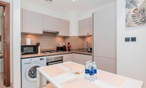 Une cuisine compacte équipée d’un lave-linge, d’un four à micro-ondes et d’une cuisinière à gaz.