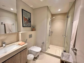 A modern bathroom with a glass-enclosed shower, a sink with a mirror, and a toilet.