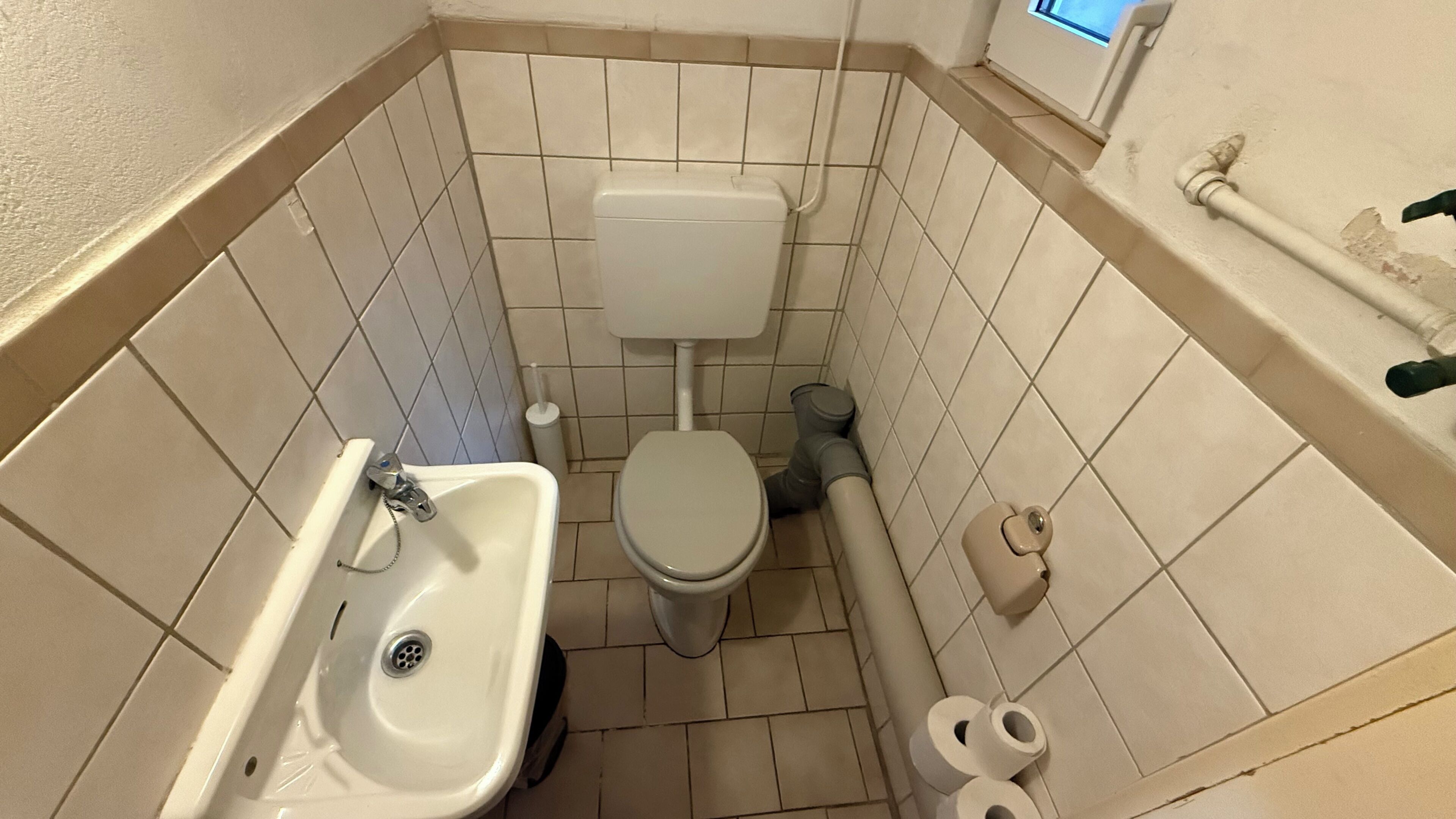A small bathroom with a toilet, sink, and toilet paper.