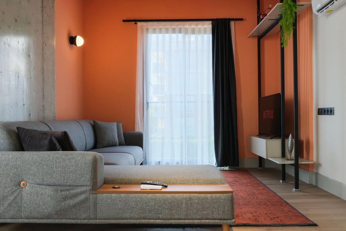 A modern living room with a grey sofa, a wooden coffee table, a red rug, and a large window with sheer curtains.
