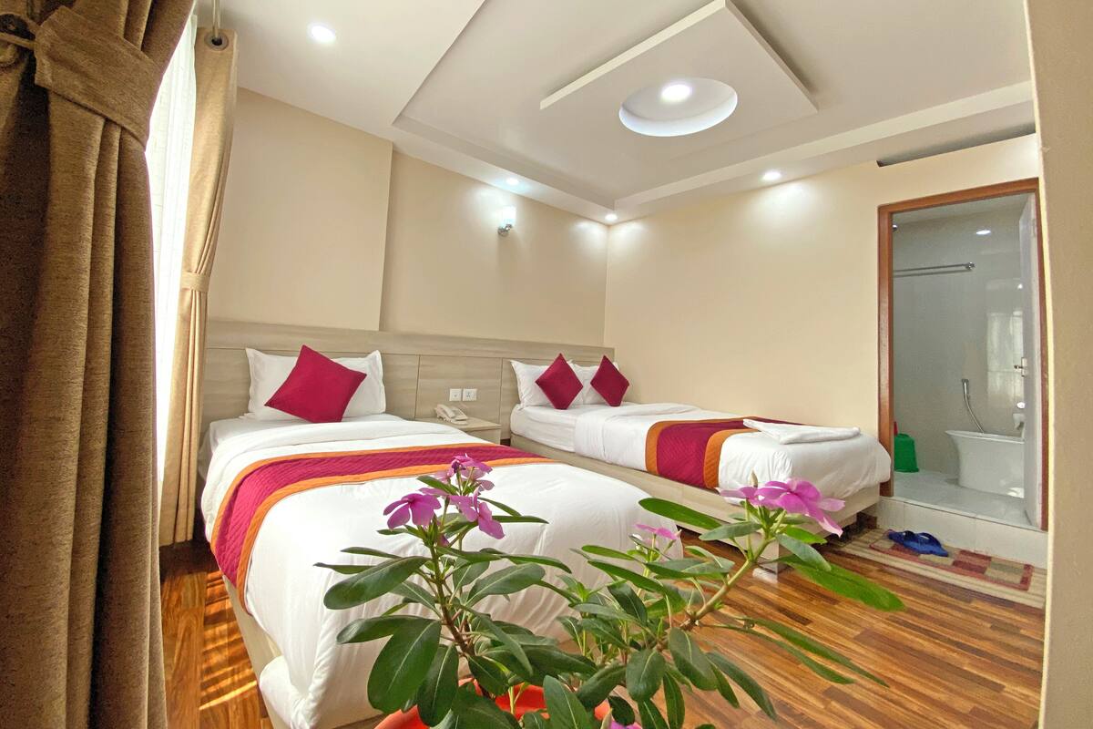 A hotel room with two beds, a shower area, and a potted plant.
