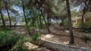 A stone-walled garden with trees and a stone pathway. - 4076 Villa Baia D'oro by Barbarhouse (Pulsano)