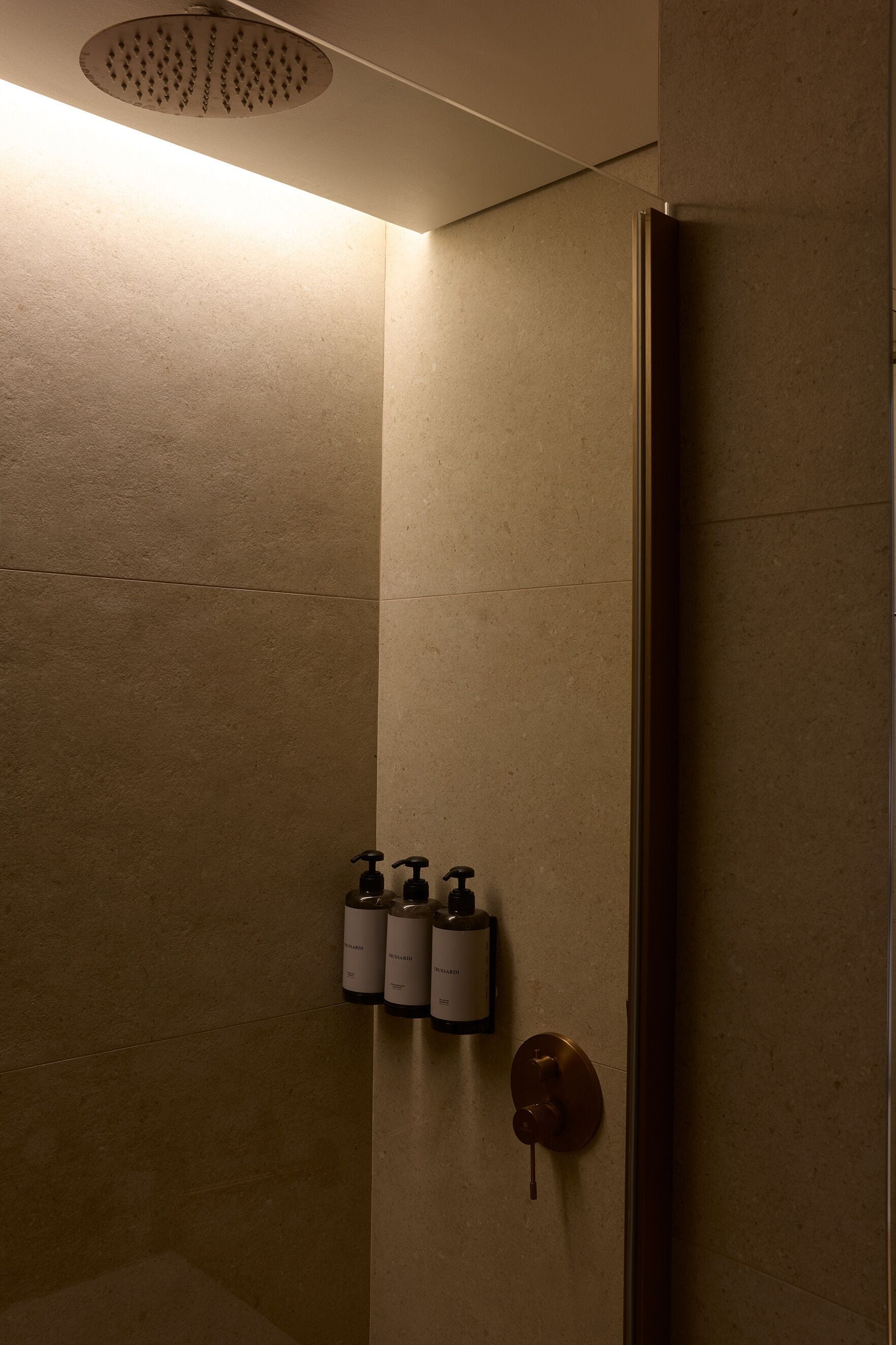 Une salle de bain avec une douche, un porte-serviettes et deux flacons de savon pour les mains.