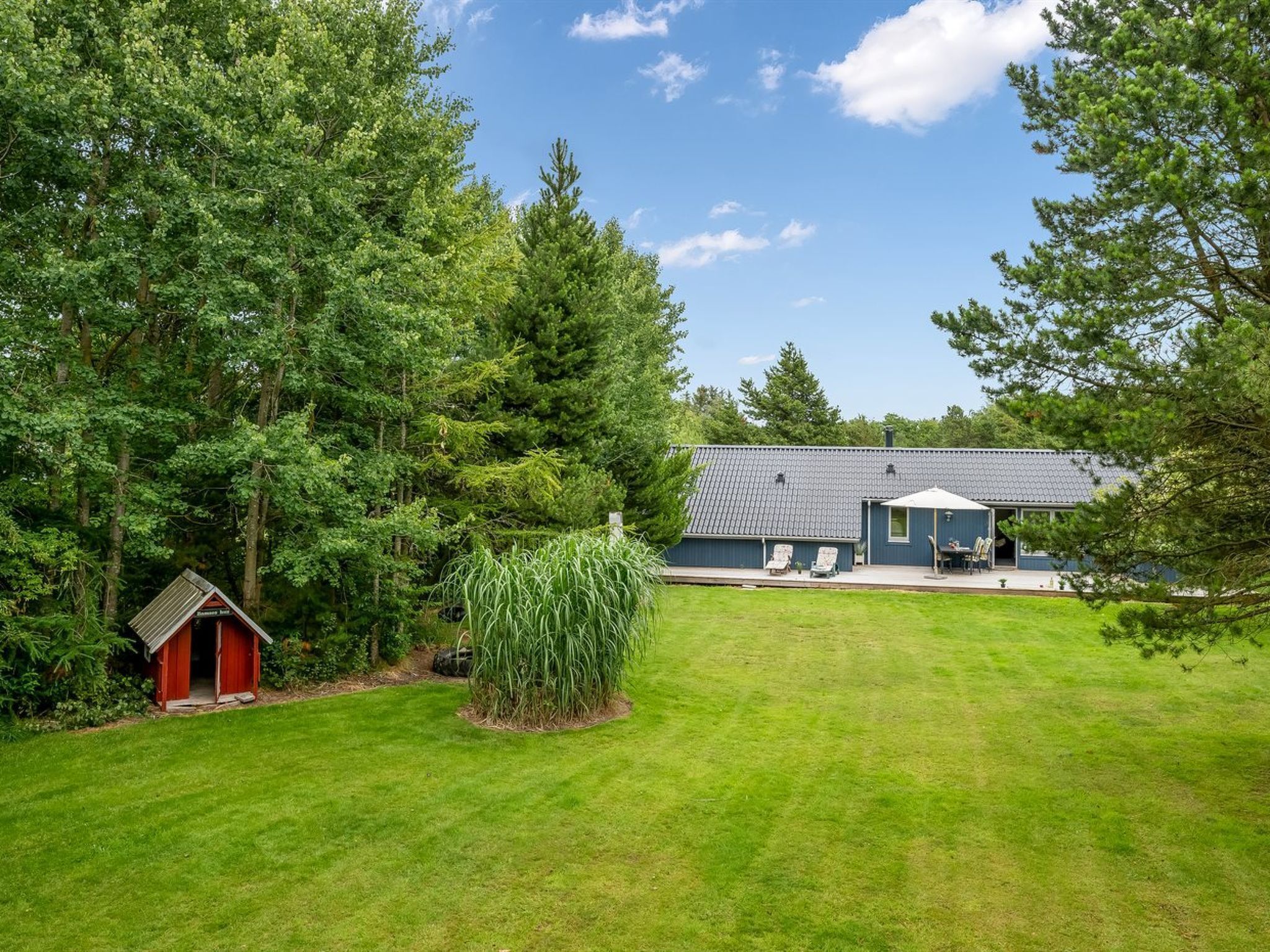 Une maison avec une grande pelouse, un abri de jardin et un garage.