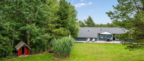 A house with a large lawn, a shed, and a garage.