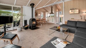 A modern living room with a fireplace, a sofa, a coffee table, and a TV.