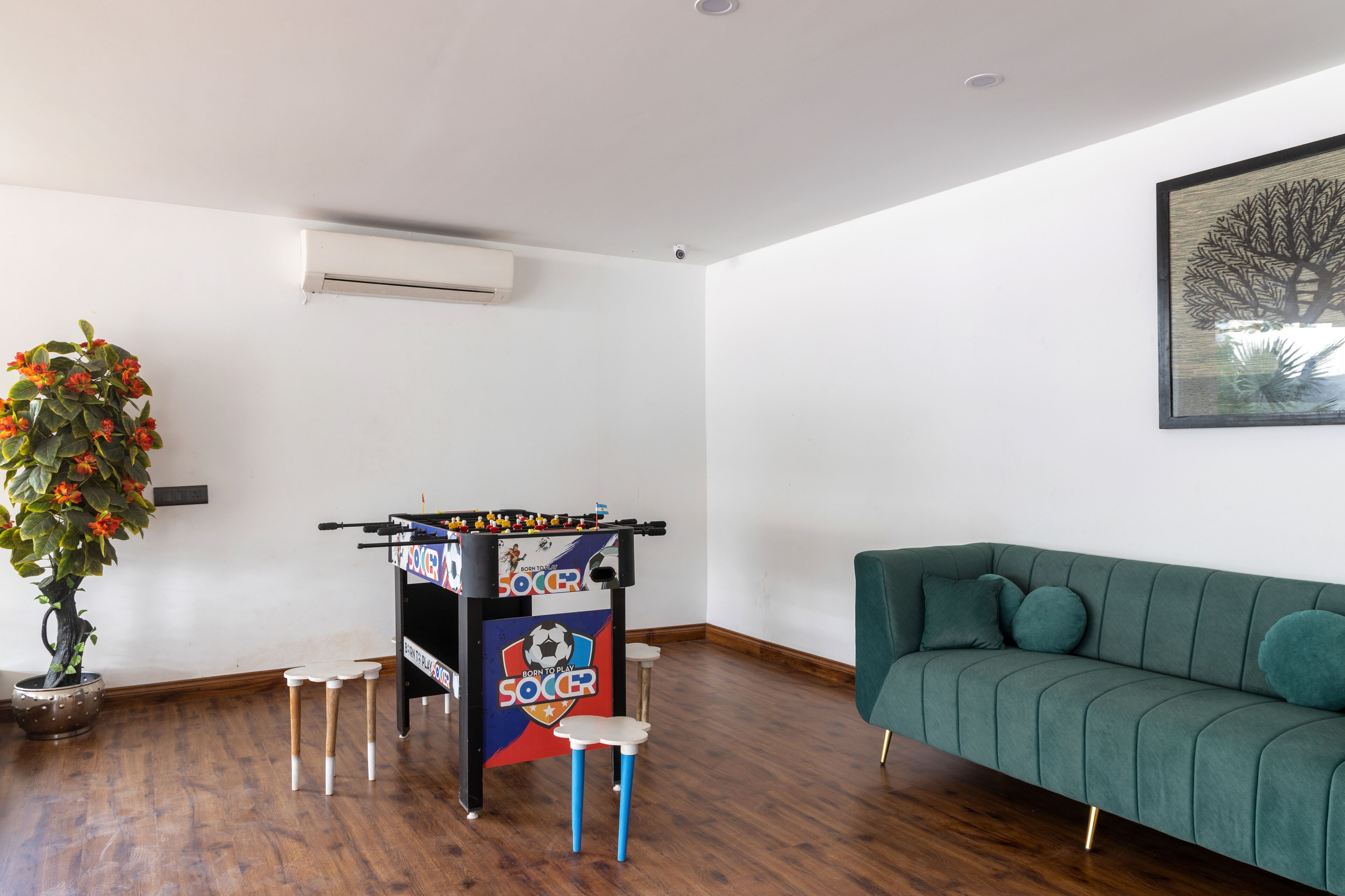 A room with a green sofa, a foosball table, a potted plant, and a framed picture on the wall.
