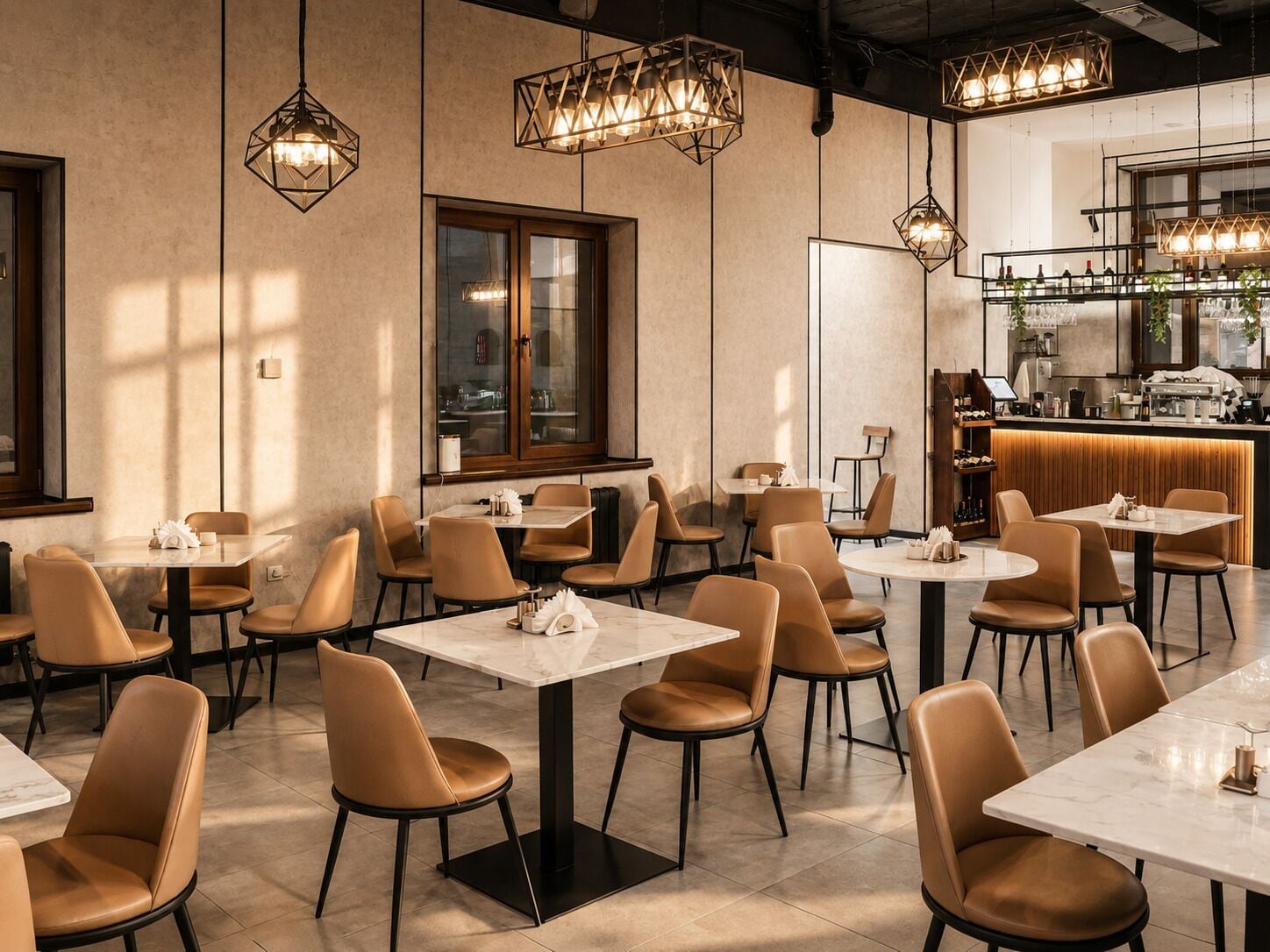 L’intérieur d’un restaurant, avec de nombreuses tables et chaises, des luminaires suspendus et un coin bar.