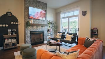 TV connectée, cheminée, livres