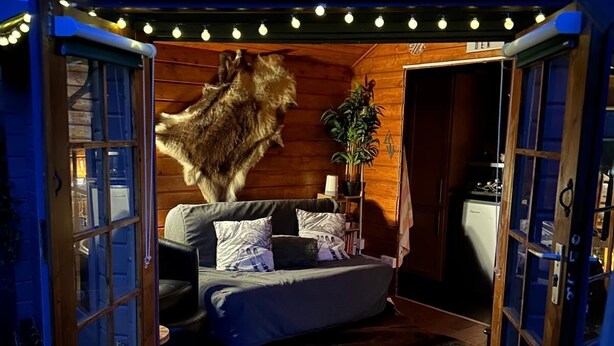 A cozy cabin with a wooden interior, a bed with pillows, a rug, and a mounted animal head.