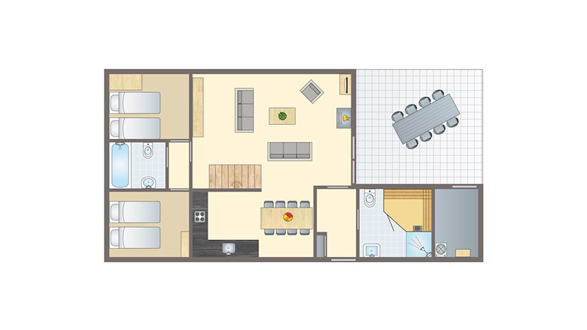 A floor plan of a hotel room with a kitchenette, a dining area, a bathroom, and a living area.