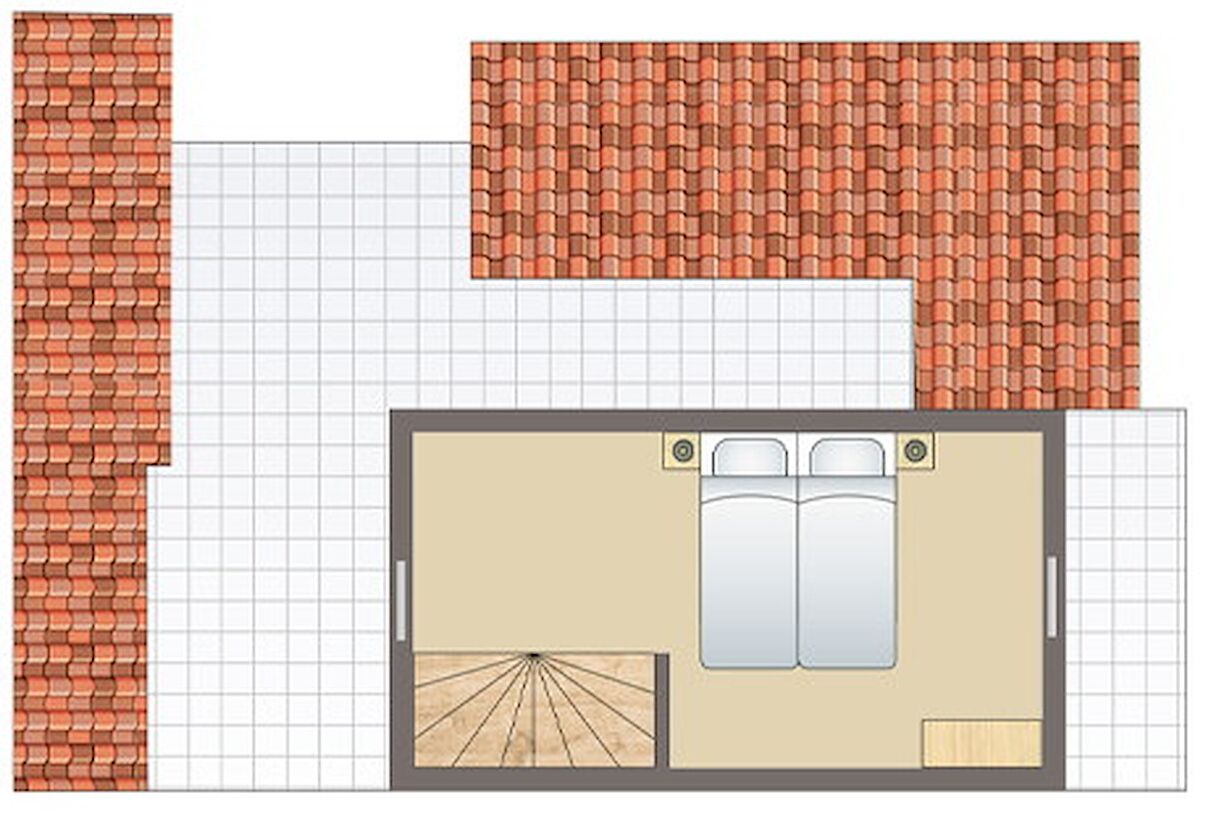 Indeling van een hotelkamer met een bed, twee ramen, een deur en een badkamer.