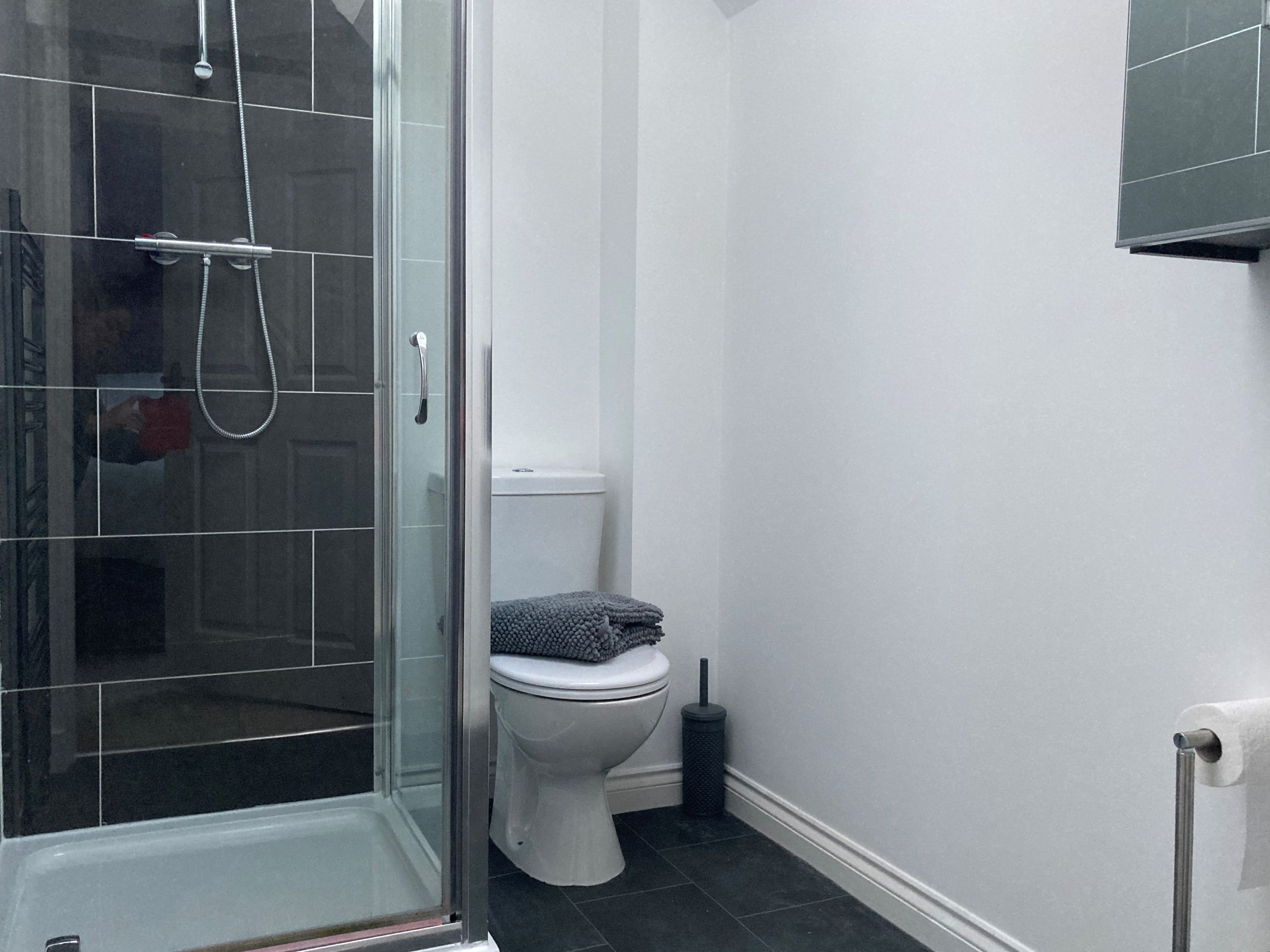 A bathroom with a glass shower enclosure, a white toilet, and a black trash bin.