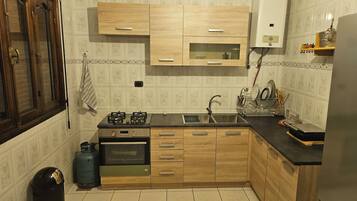 A kitchen with wooden cabinets, a gas stove, a sink, and a refrigerator.