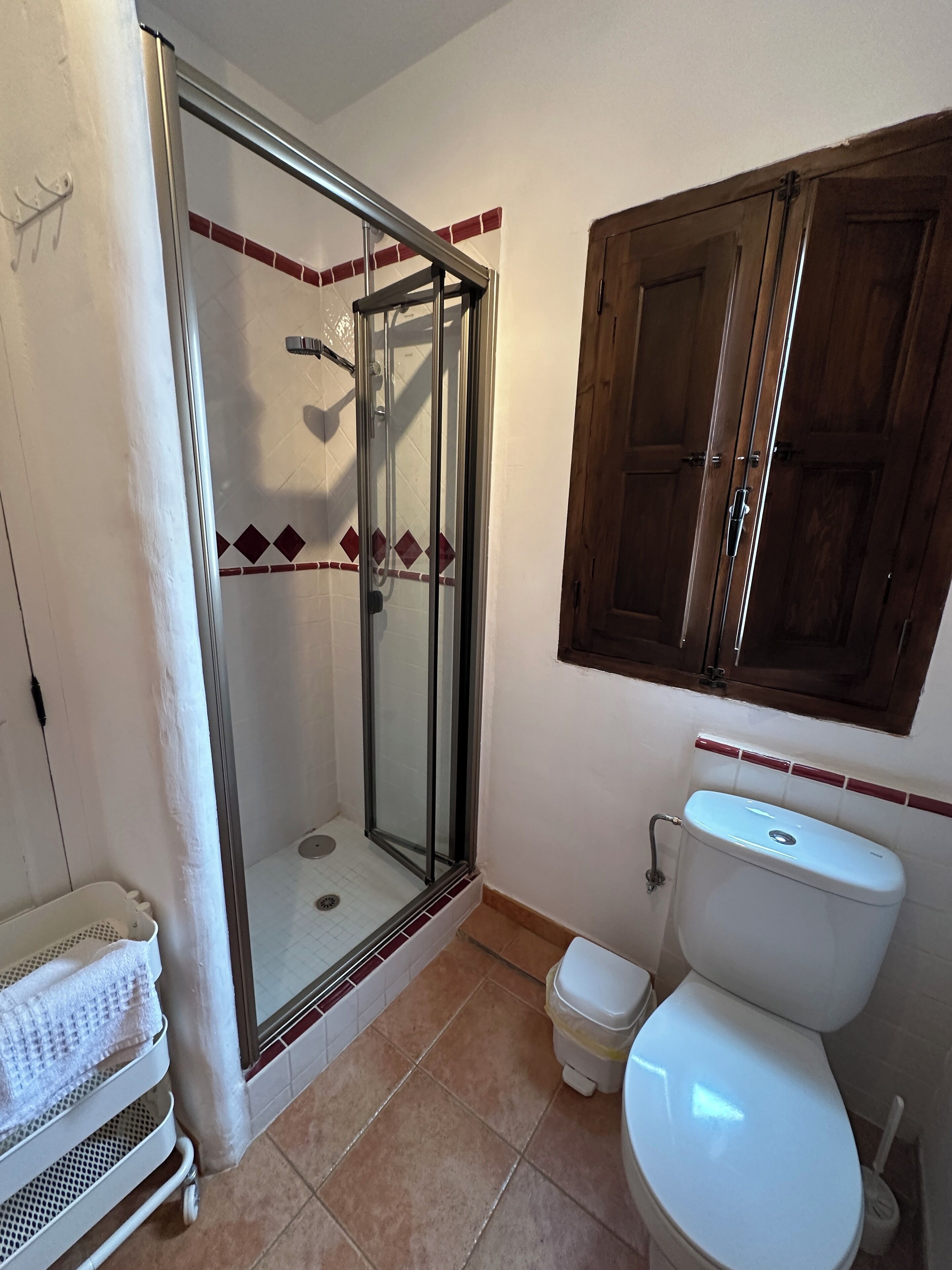 Un baño con ducha envuelta en vidrio, un inodoro y un mueble de madera sobre el lavamanos.