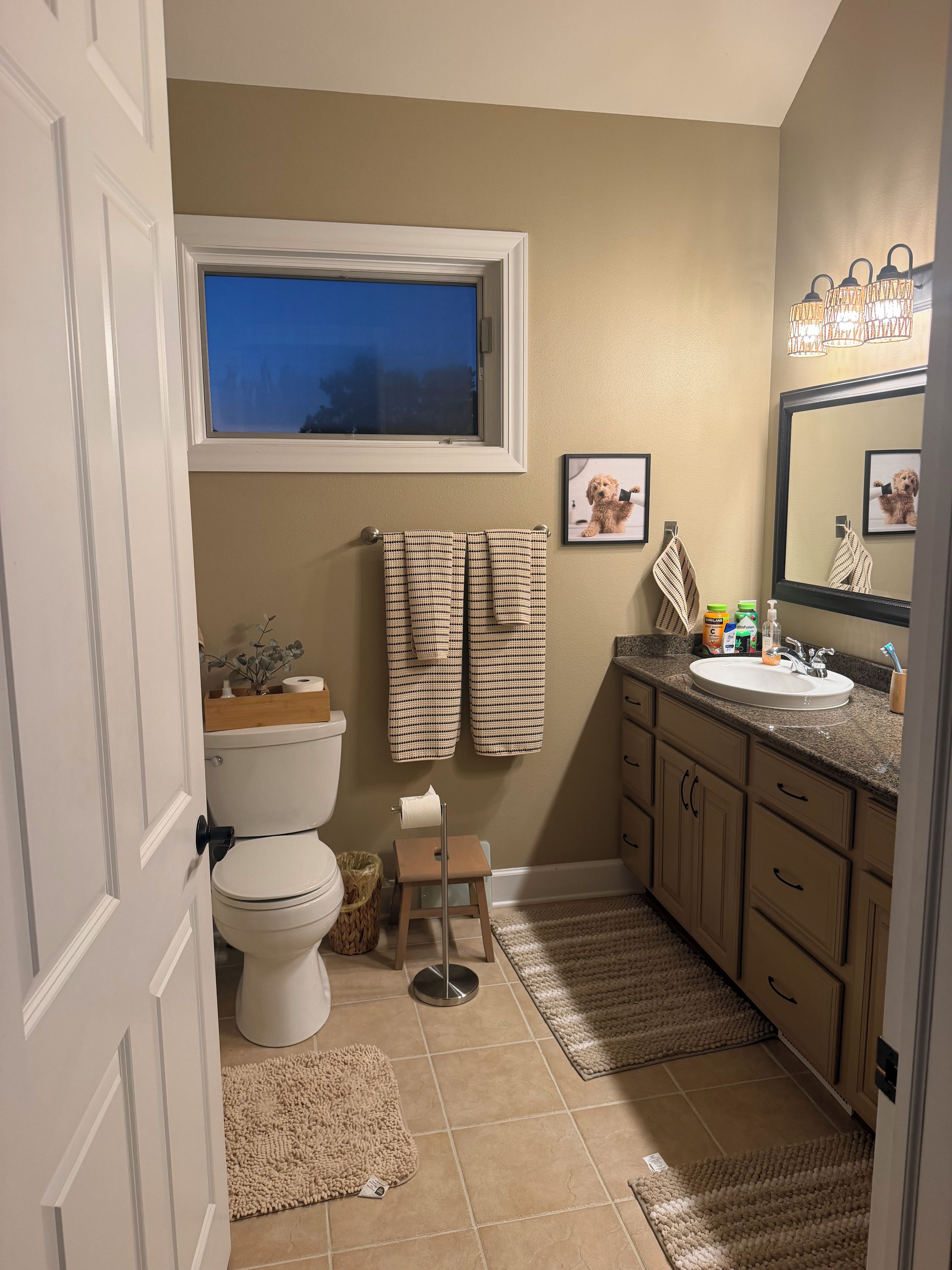 A bathroom with a toilet, sink, and a window.