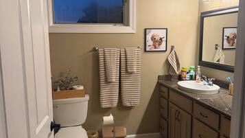 A bathroom with a toilet, sink, and a window.