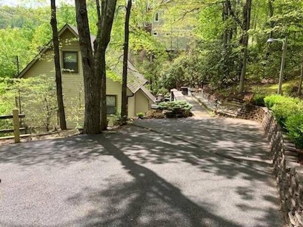 Guesthouse nestled among tall trees, accessible via a paved path.