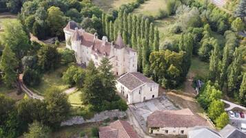 An aerial view of a castle with a large courtyard, surrounded by dense trees and a few smaller buildings.