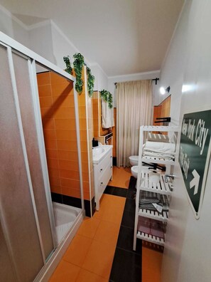 Secador de cabelo, bidê, toalhas de banho, sabonete