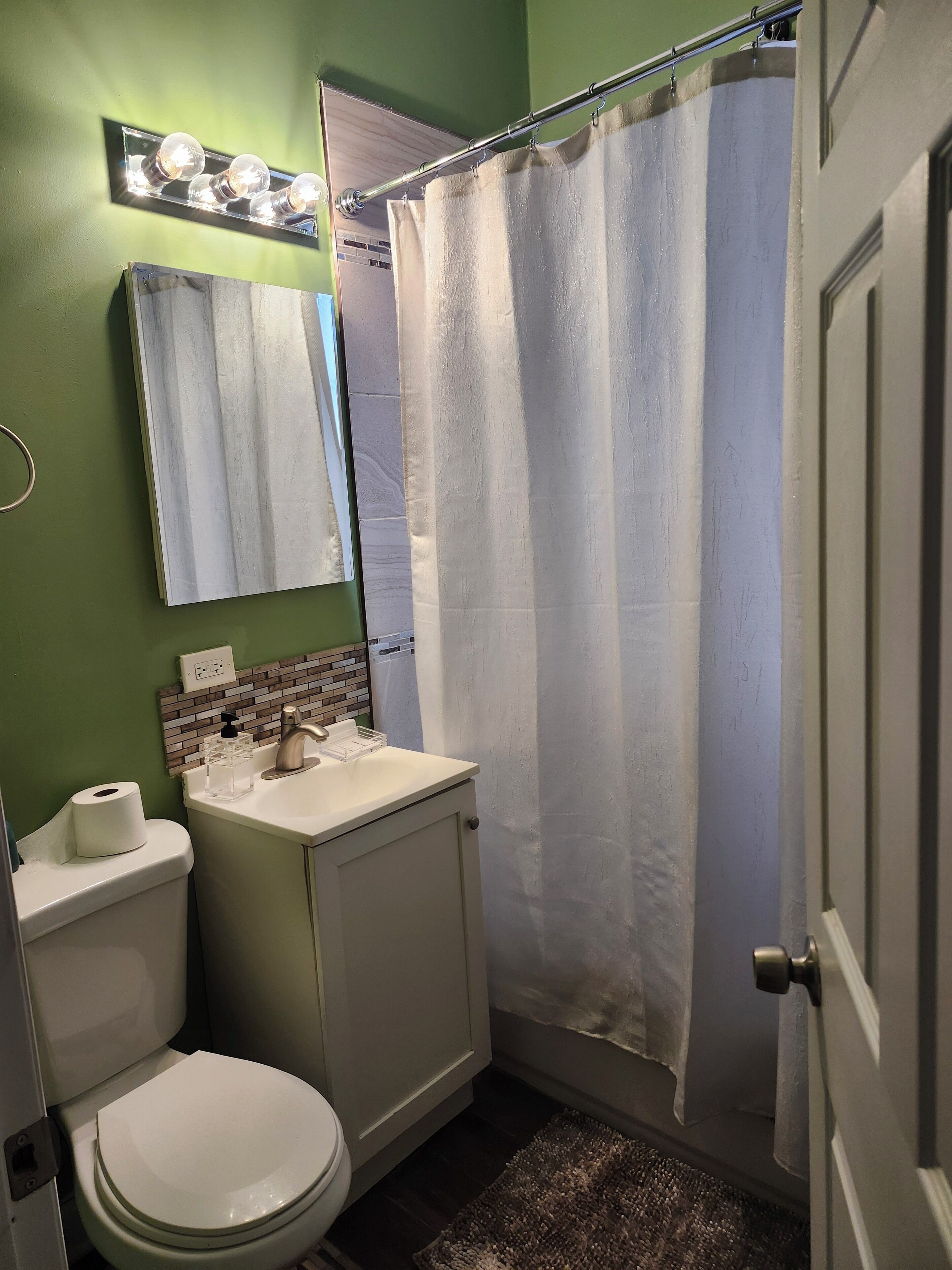 Hair dryer, towels, soap, shampoo