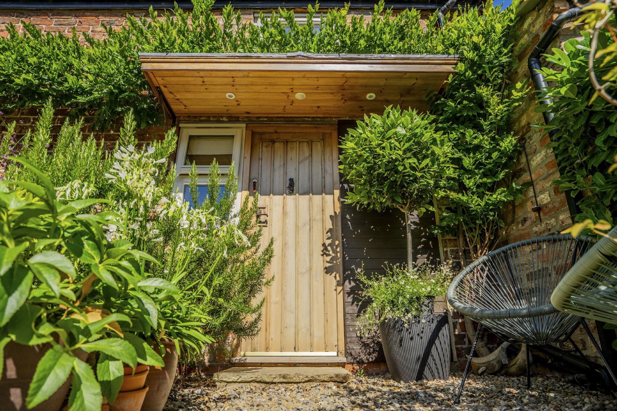 A wooden garden shed with a door and windows, surrounded by various plants and a chair.