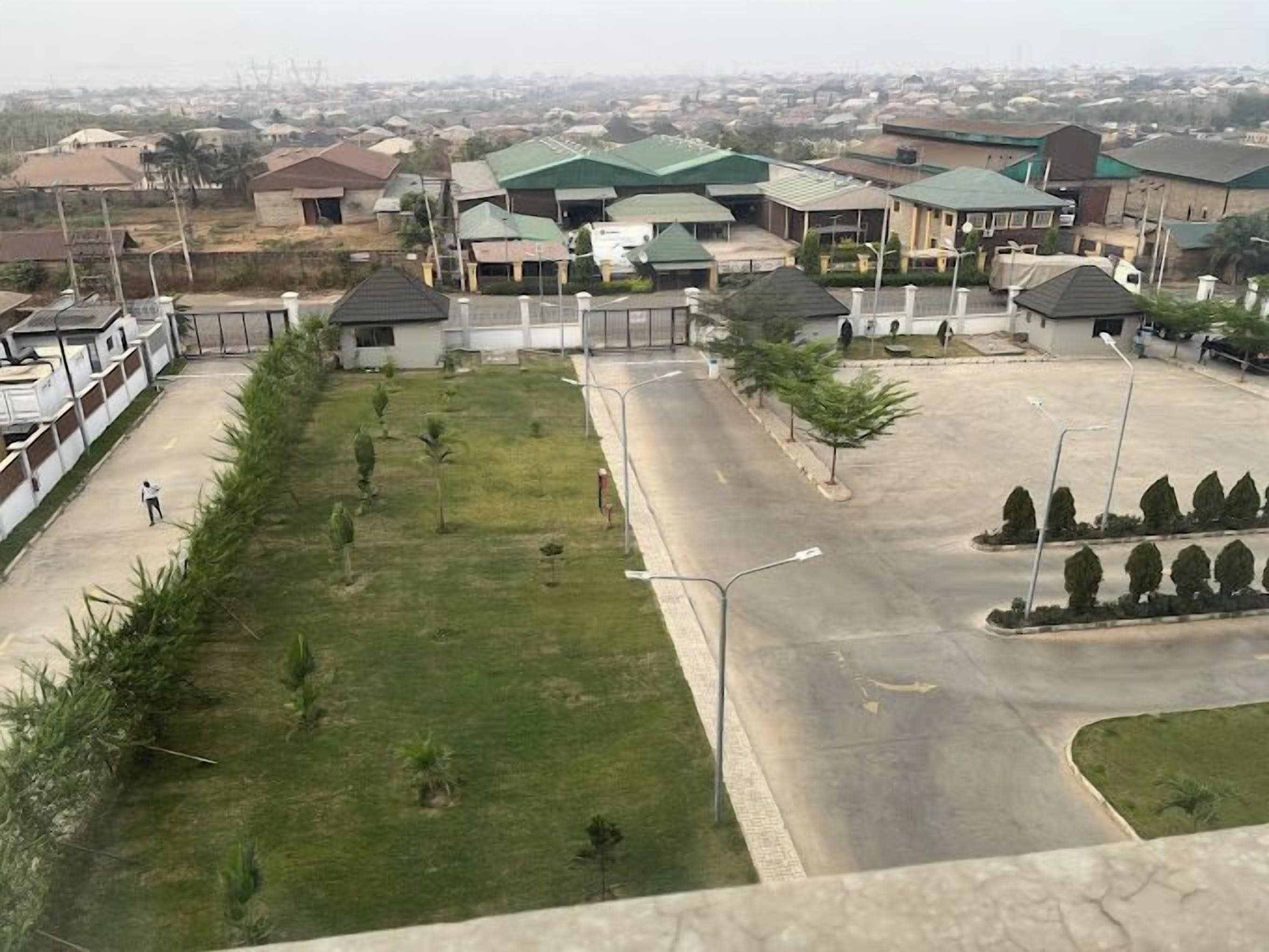 A residential area with houses, a paved road, and a grassy area with small trees.
