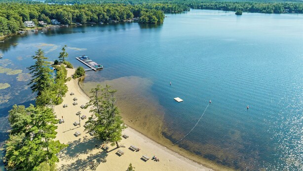 An aerial view of a lakeside property with a dock, beach, and surrounding forest.