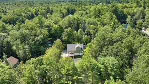 A house surrounded by dense forest with a mountain in the background.