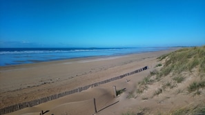 A sandy beach with a wooden fence and dunes.