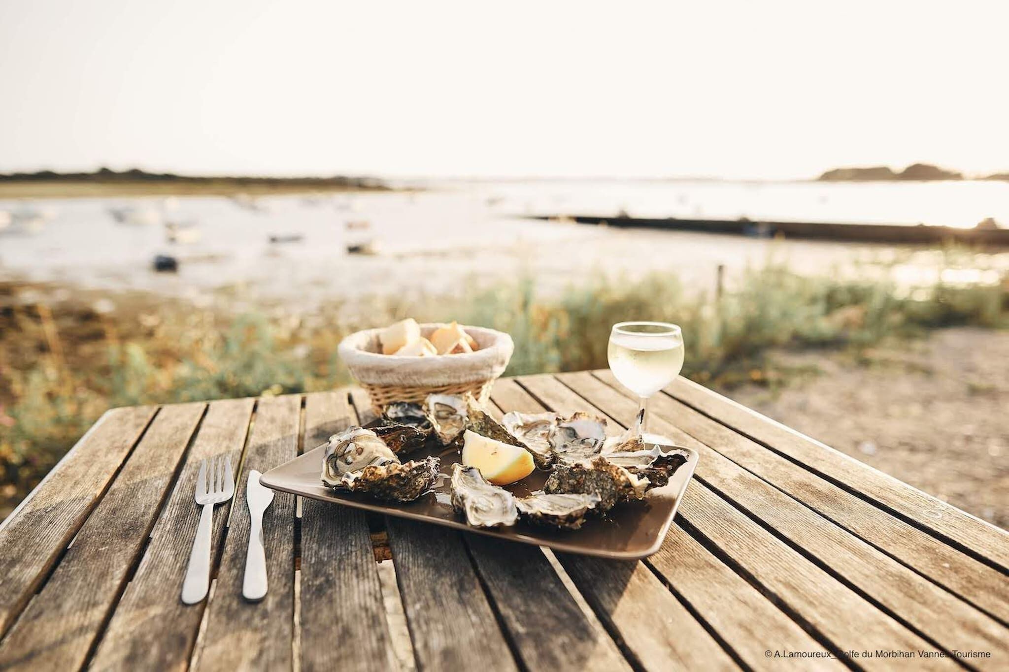 A wooden table with a plate of oysters, a glass of white wine, and a basket of bread.