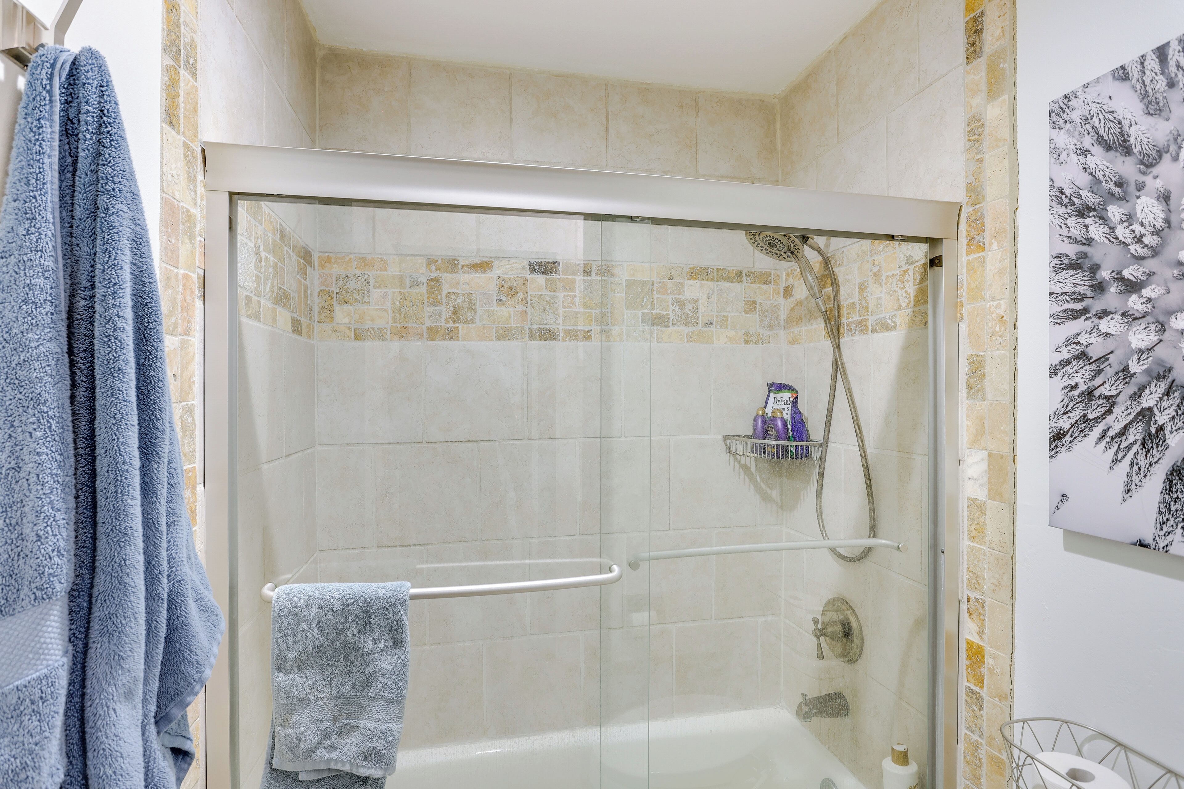 Une salle de bain avec une douche à parois de verre, un porte-serviettes avec des serviettes, une pomme de douche et un porte-rouleau de papier toilette.