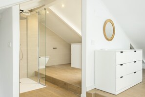 Shower, hair dryer, towels