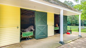 A stable with two open doors, each with a horse inside. - 2 Mi to Aiken Horse Park: South Carolina Apt (Aiken)
