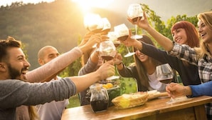 Eine Gruppe von Menschen, die mit Weingläsern an einem Tisch im Freien anstoßen, mit einem Brotkorb und einer Sauce.