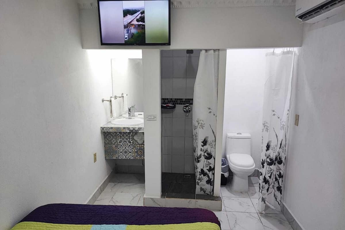 A bedroom with a bed, a bathroom with a toilet and shower, and a TV mounted on the wall.