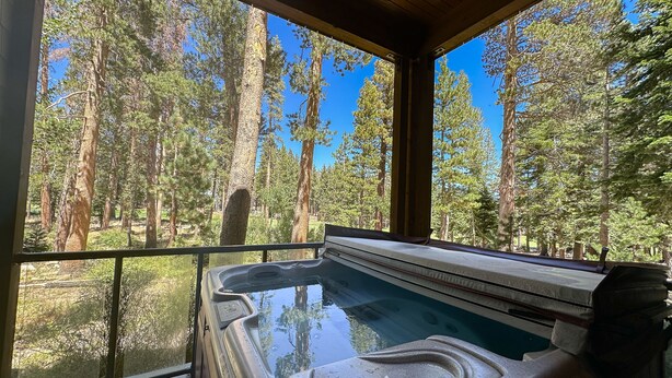 A hot tub with a clear view of a forested area through a glass enclosure. - Woodwinds #1303 4 Bedroom Condo by RedAwning (Mammoth Lakes)