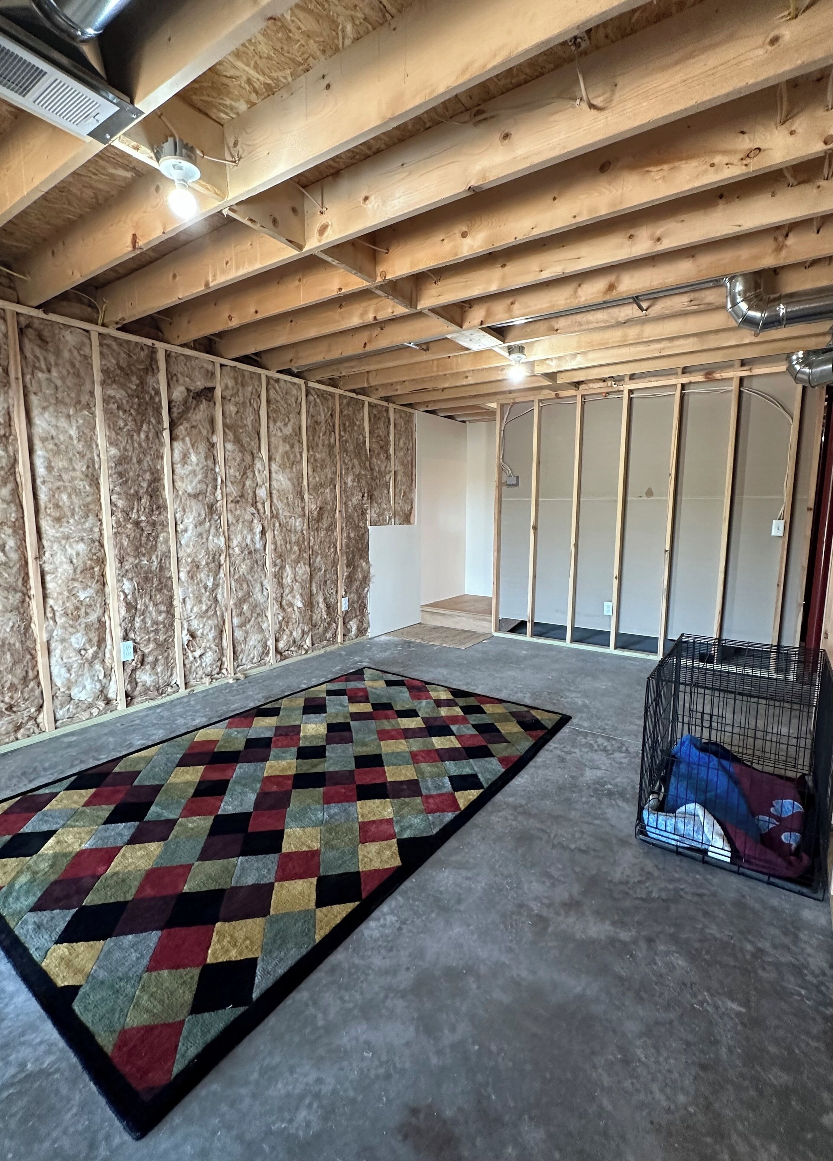 A room with exposed wooden beams, insulation, a patterned rug, and a pet crate.