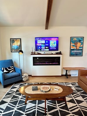 Smart TV, fireplace, books