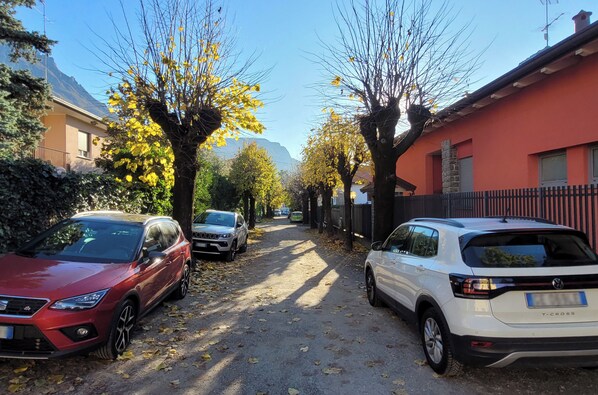 Calle estrecha bordeada de coches aparcados y árboles con hojas amarillas.