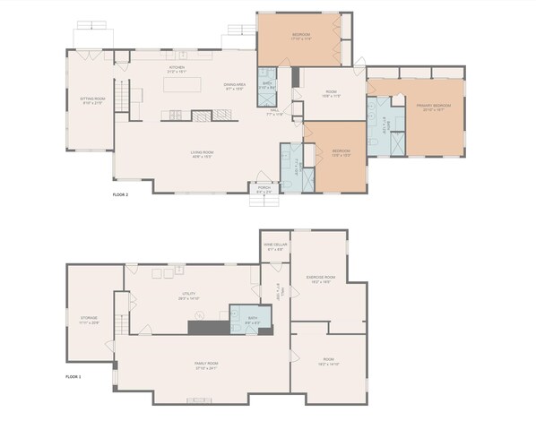 A floor plan of a two-story apartment with a sitting room, kitchen, dining area, living room, two bedrooms, a bathroom, a wine cellar, an exercise room, a family room, and a storage area.